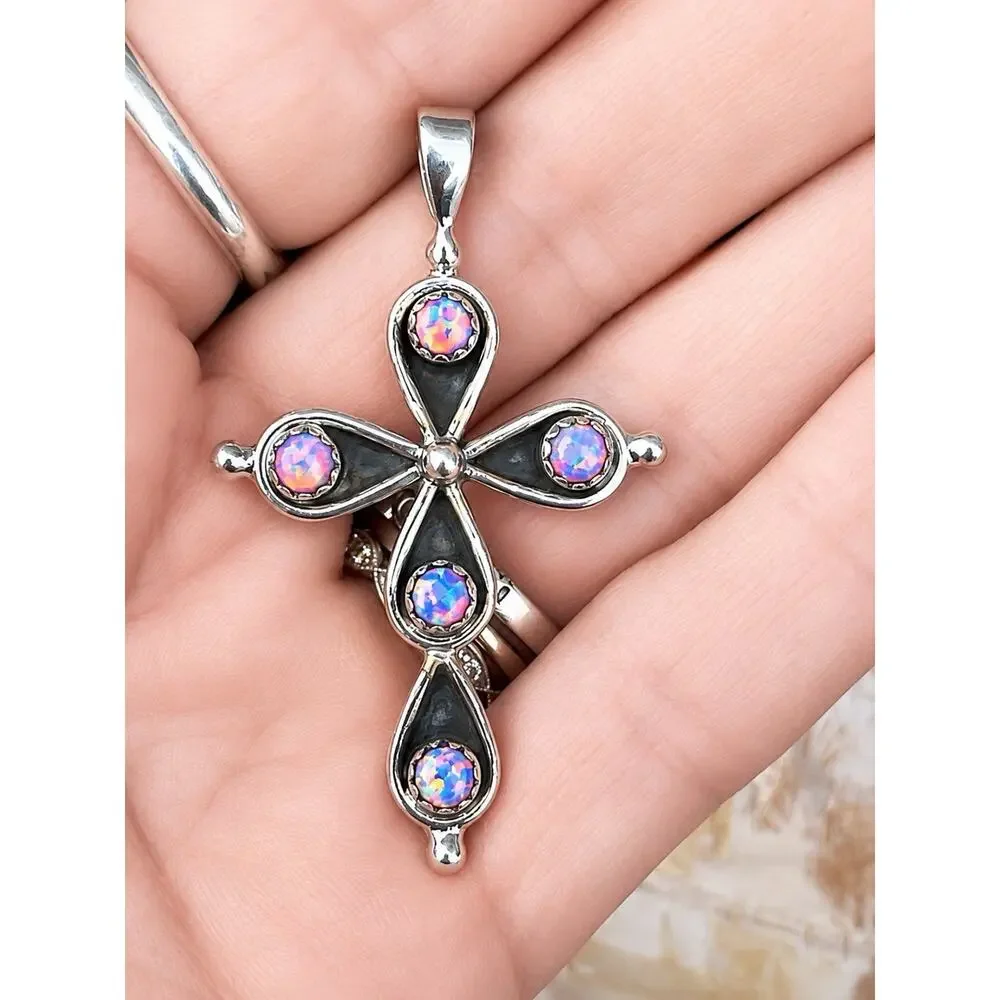 Large 2” Sterling Silver Aurora Opal Cross Pendant Pink Blue Fire 925 Gift FAITH - Picture 3 of 9